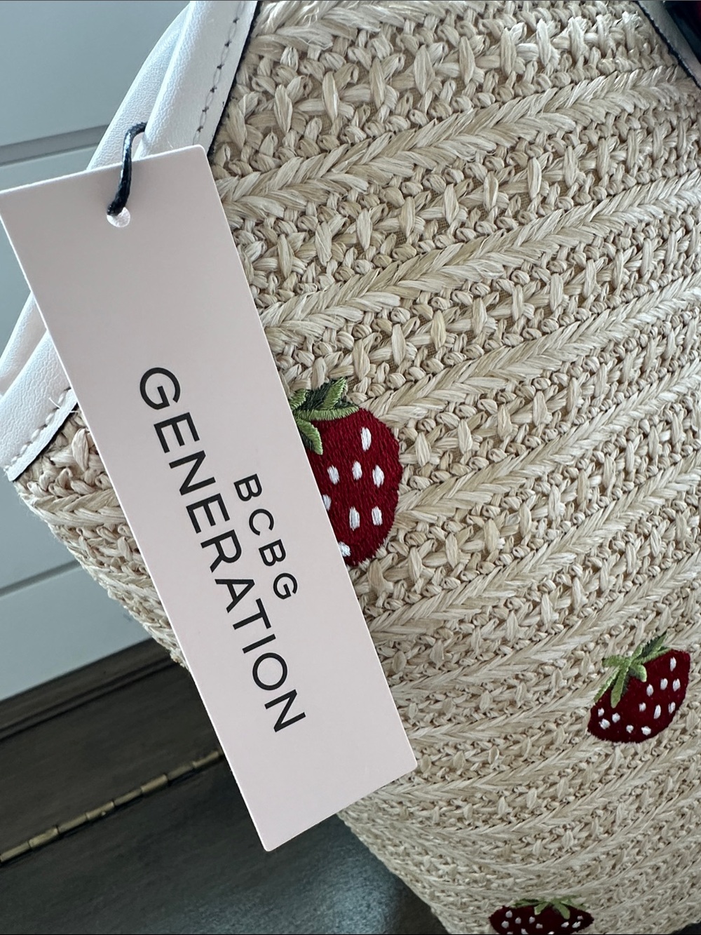 BCBGeneration Straw Tote with Red Strawberry Appliqués and Cream Trim - Picture 13 of 15
